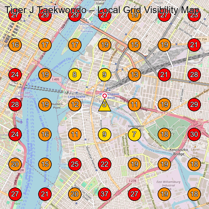 Tiger J Taekwondo GeoGrid visibility map for Taekwondo School in Jersey City
